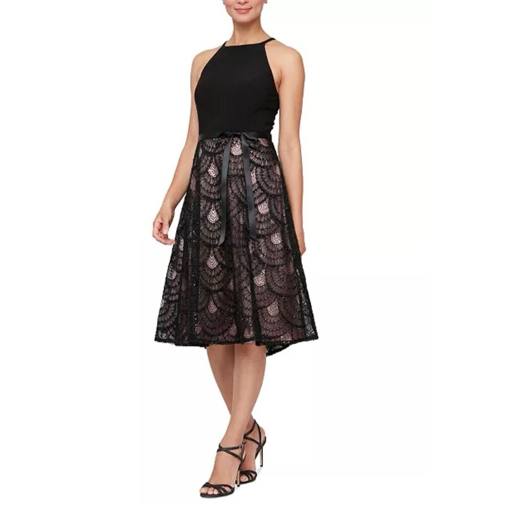 NWT Alex & Eve Halter-Nexk Jacquard A-Line Dress-10